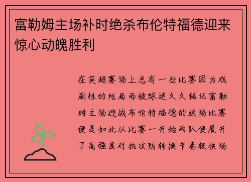 富勒姆主场补时绝杀布伦特福德迎来惊心动魄胜利